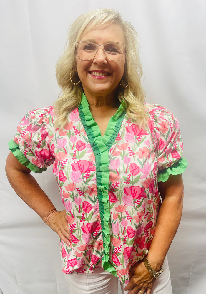 Pink/Green Floral Top
