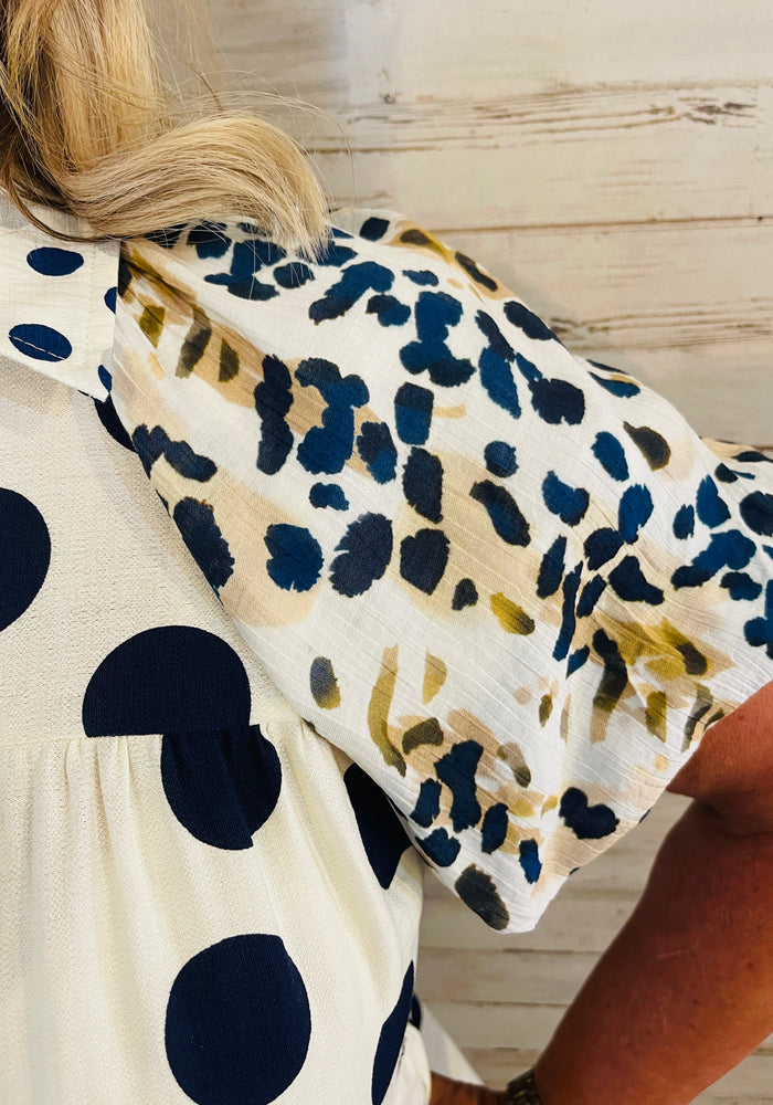 Navy Polka Dot Mix Top