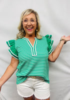 Load image into Gallery viewer, Green Stripe w/ruffle Sleeve Top

