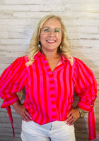 Load image into Gallery viewer, Pink-Red Stripe w/Tie Sleeve Top
