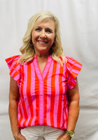 Load image into Gallery viewer, Pink/Orange Stripe w/ruffle sleeve top
