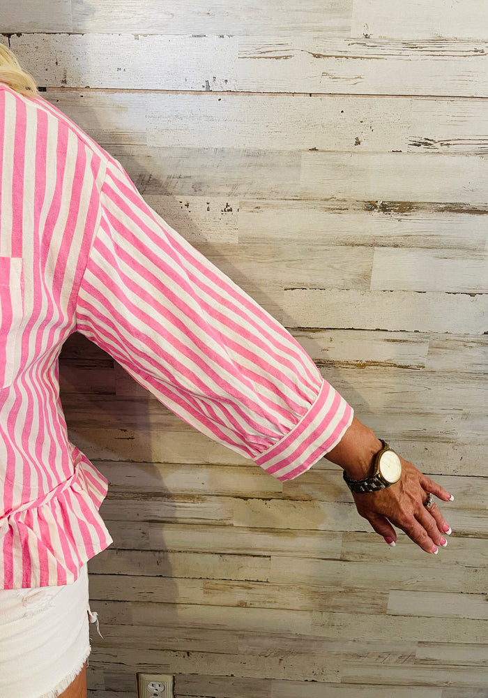 Light Pink Stripe Ruffle Hem Top