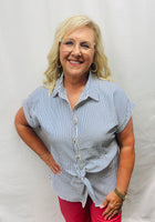 Load image into Gallery viewer, Navy Pin Stripe w/Bow top
