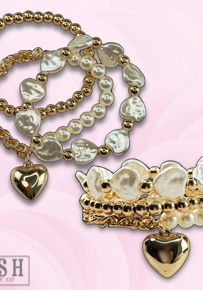 Pearl/Gold Heart Charm Bracelet