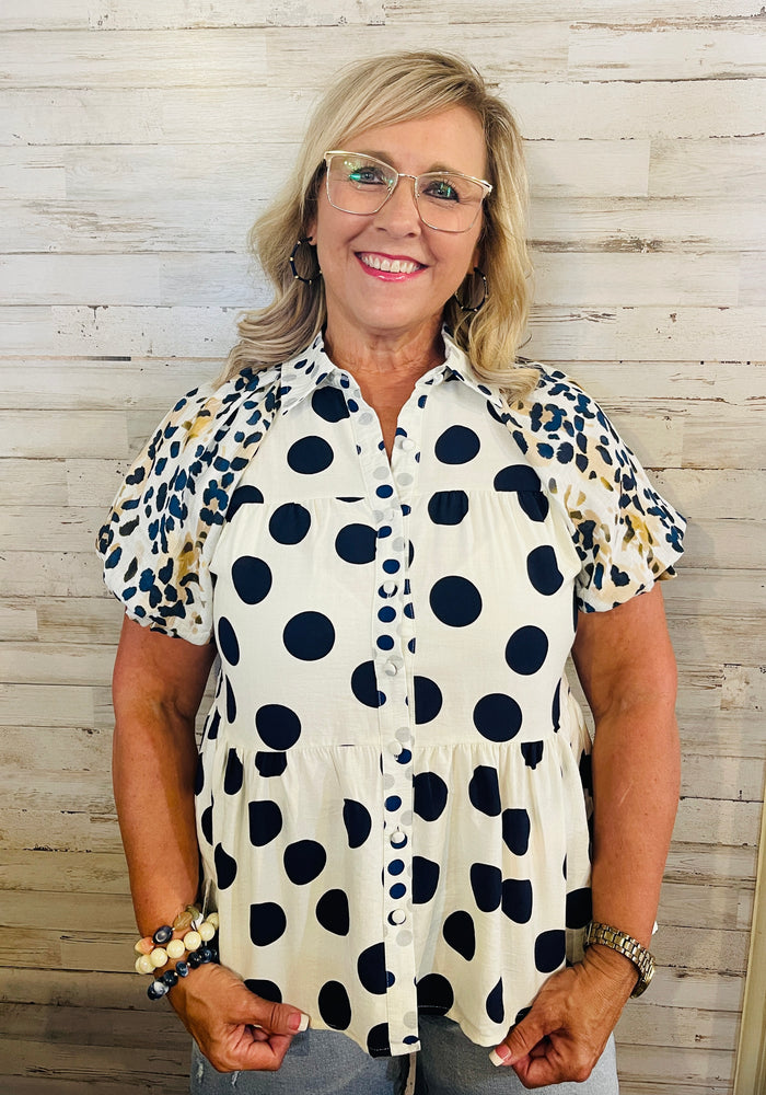 Navy Polka Dot Mix Top
