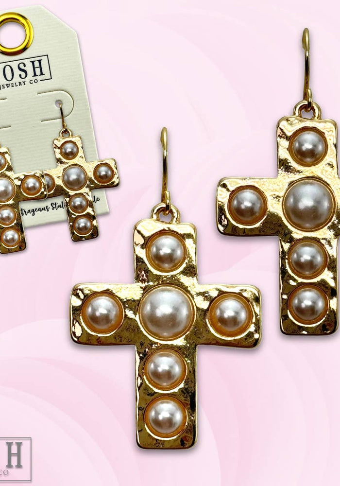Pearl Bead Cross Earrings