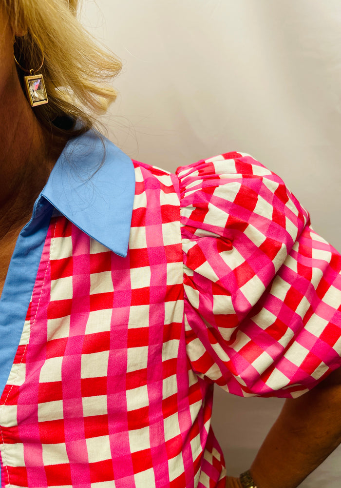 Pink check w/denim collar top
