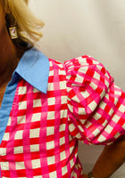 Load image into Gallery viewer, Pink check w/denim collar top
