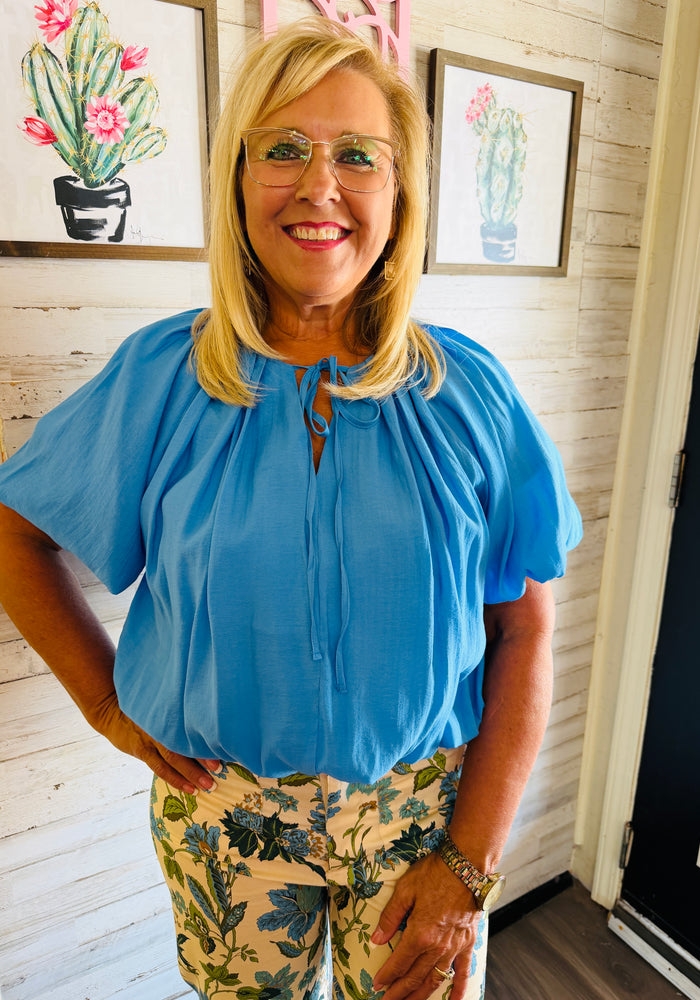 Solid Balloon Sleeve Top w/Tie