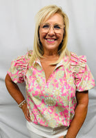Load image into Gallery viewer, Pink Floral w/puff Sleeve Top

