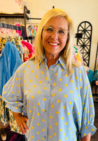 Load image into Gallery viewer, Lt Blue w/Yellow Polka Dot Top
